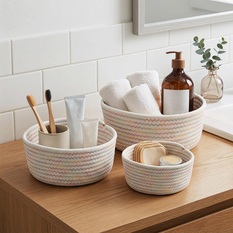 3 Pcs Small Woven Baskets, Cotton Rope Round Organizer for Shelves