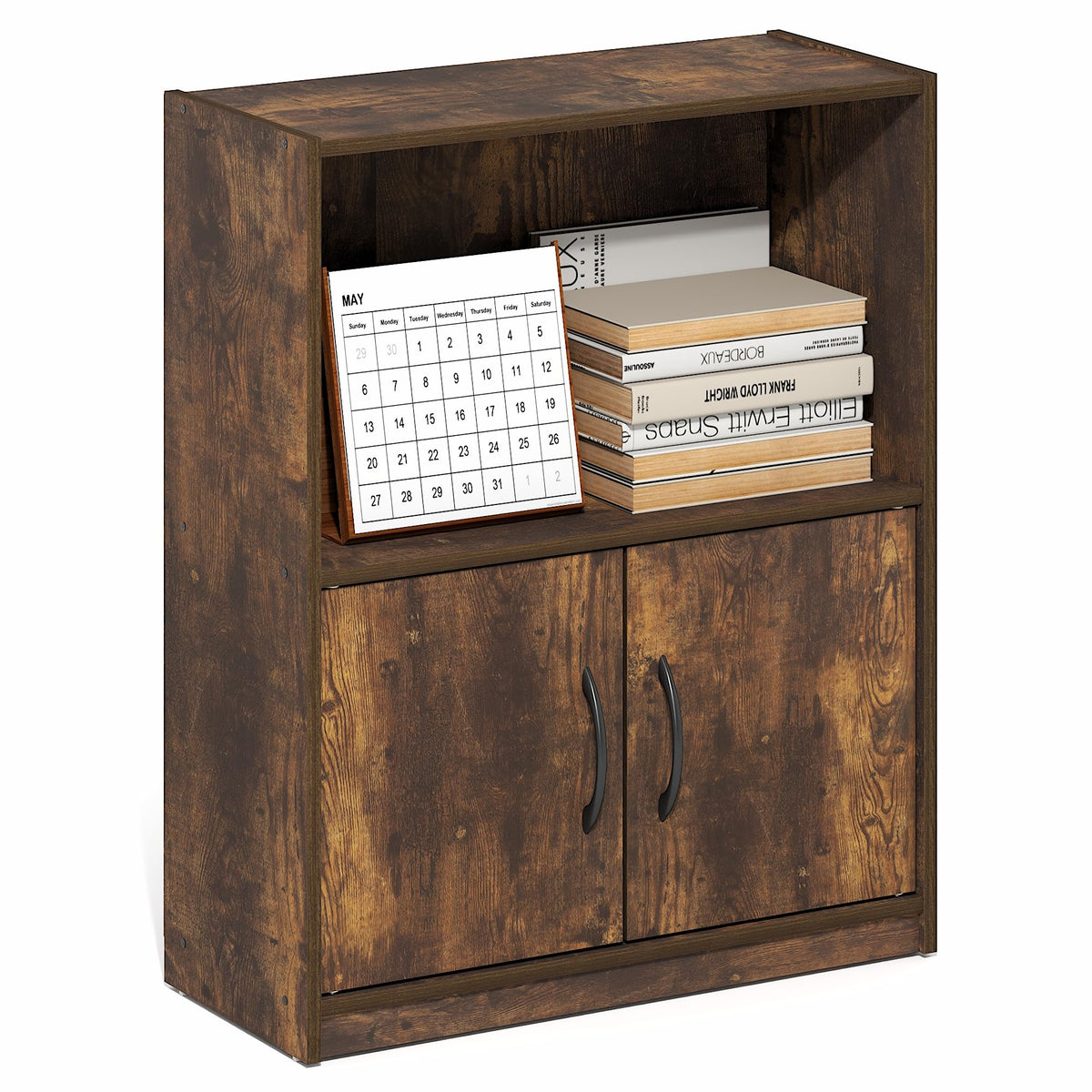 Furinno GRUEN Book Shelf, 2-Tier Small Bookshelf, Bookcase with Open Shelf and Doors Storage Cabinet, 23.6 x 55.4 x 68.6 cm, for Living Room, Bedroom