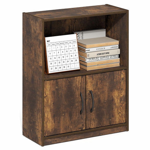 Furinno GRUEN Book Shelf, 2-Tier Small Bookshelf, Bookcase with Open Shelf and Doors Storage Cabinet, 23.6 x 55.4 x 68.6 cm, for Living Room, Bedroom