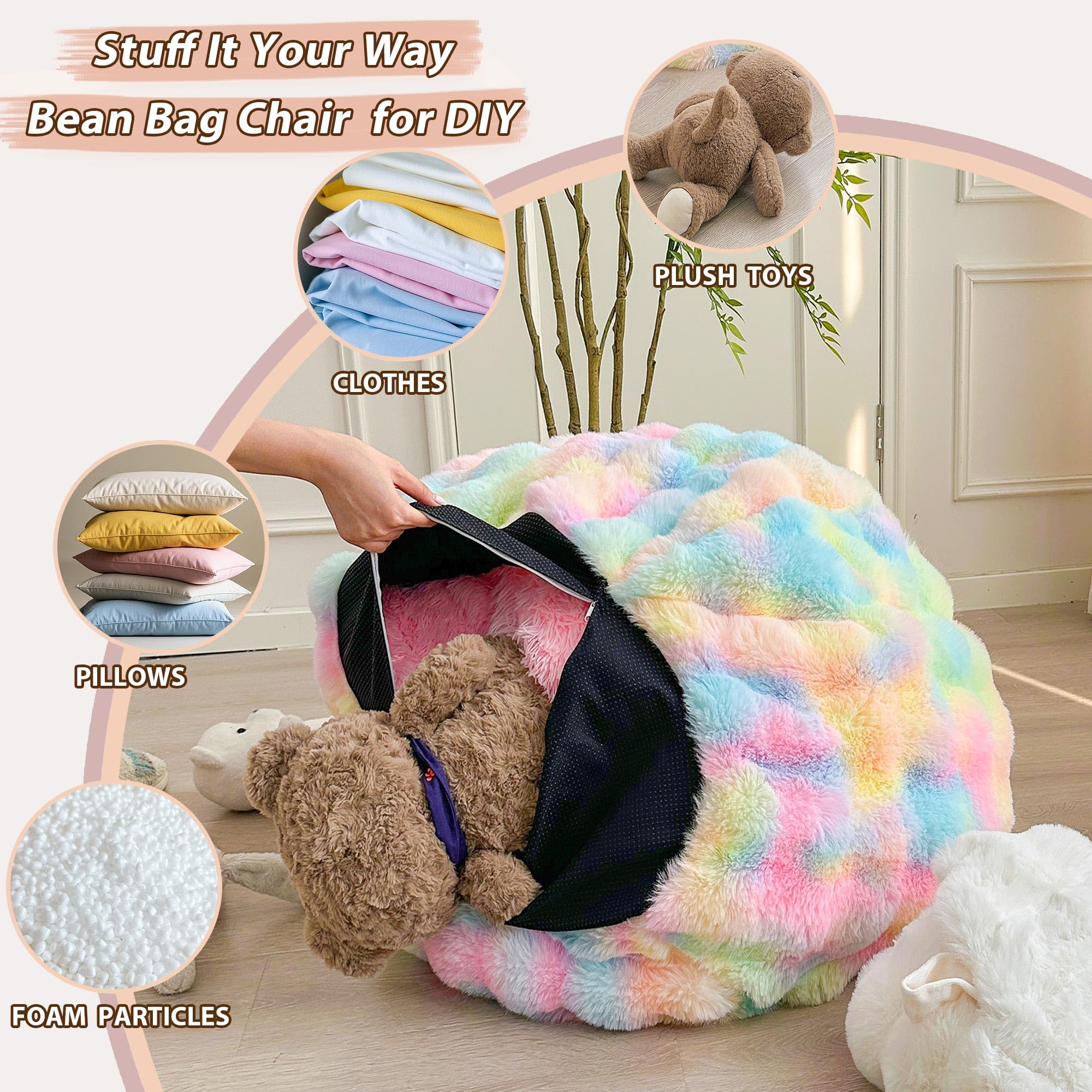 LIFEREVO Kids Fluffy Faux Rabbit Fur Bean Bag Chair Cover, No Filler, White