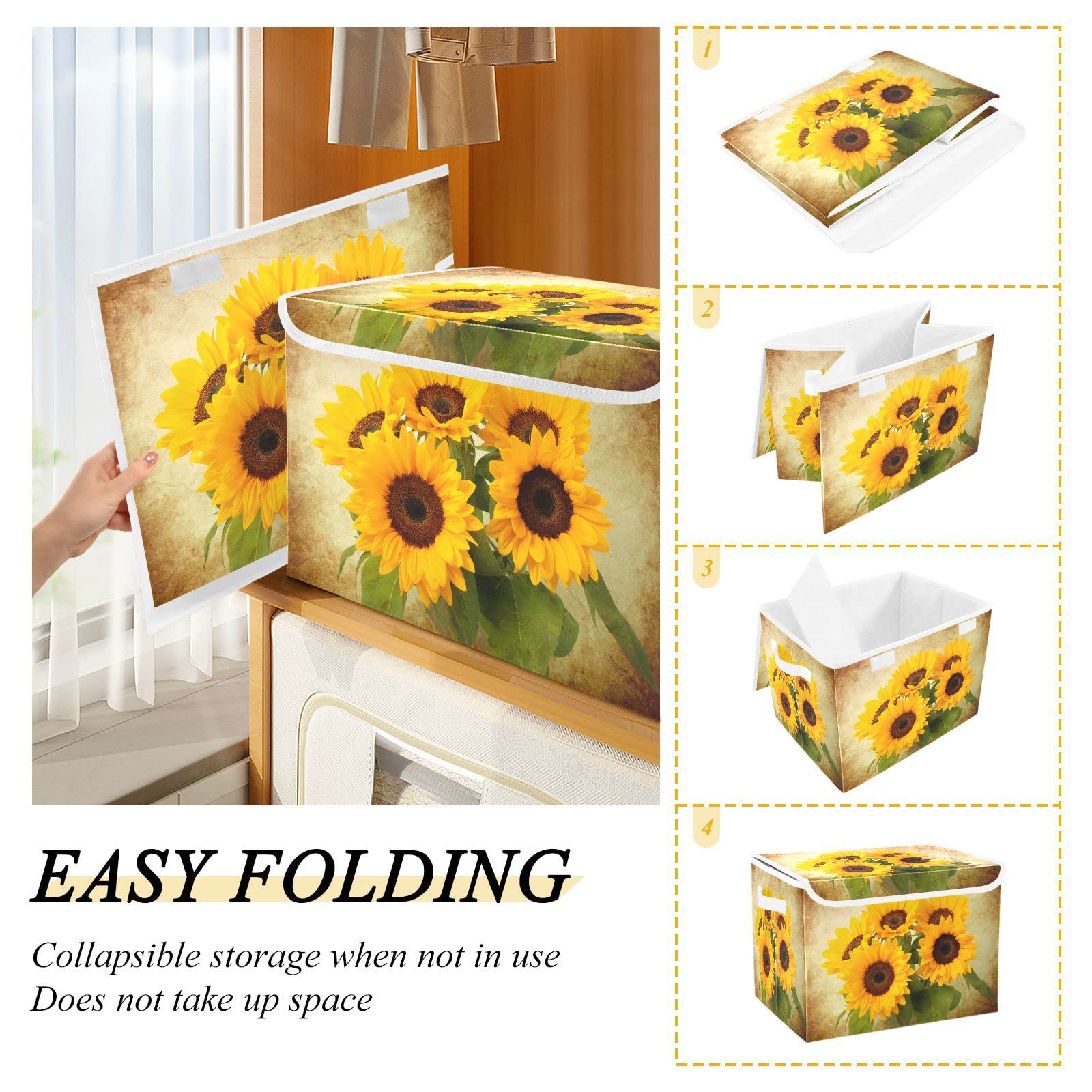 Mnsruu Storage Boxes with Lids, Sunflowers Shabby Chic Large Storage Basket Organizer Shelves Cube Bin Toy Clothes Underbed