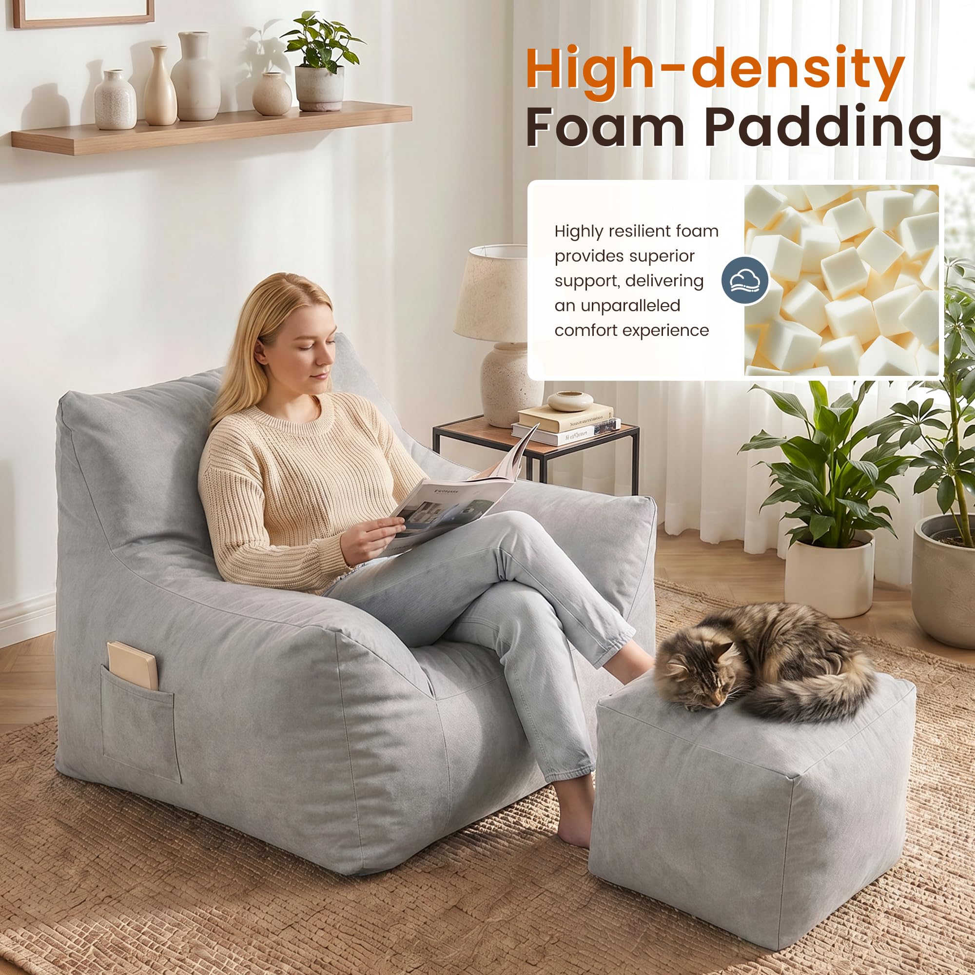Pamapic Bean Bag, Bean Bag Chair Indoor Outdoor Weather Resistant, Large Beanbag Sofa with Footstool, BeanBag Adult with FIlling Included