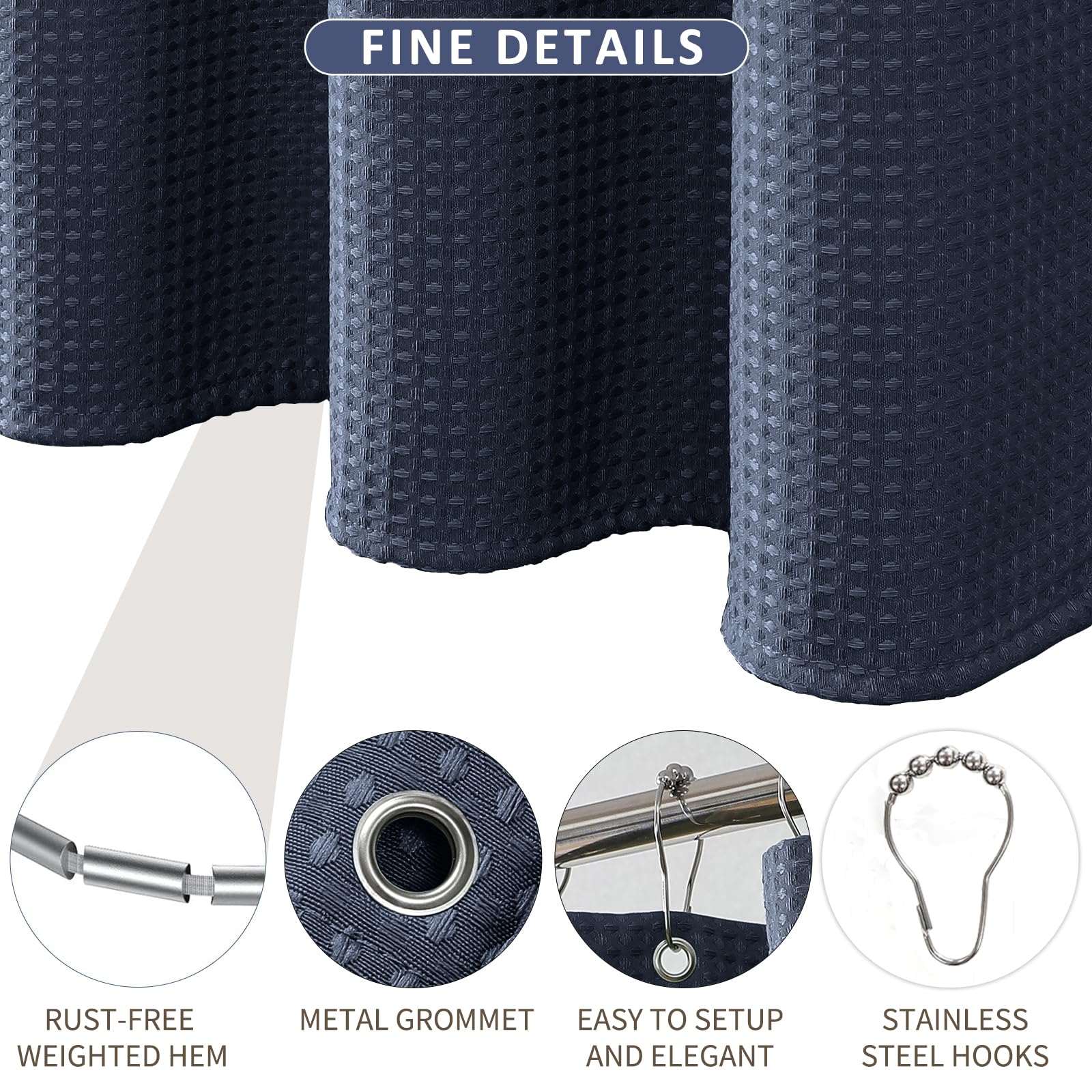 FY&XZH Heavy-Duty Waffle Weave Shower Curtain with Stainless Steel Hooks, Thick Fabric for Bathroom, Hotel, Spa & Salon-183 x 183cm (Navy Blue)