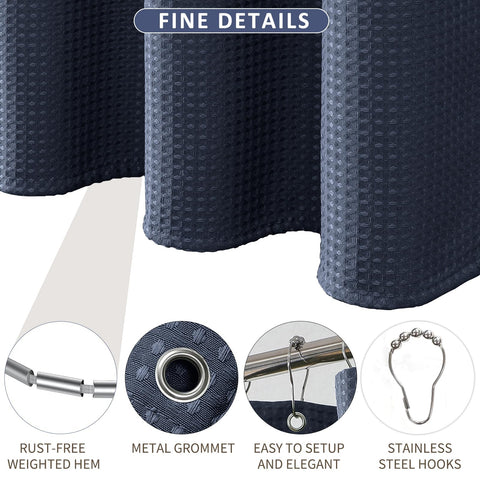 FY&XZH Heavy-Duty Waffle Weave Shower Curtain with Stainless Steel Hooks, Thick Fabric for Bathroom, Hotel, Spa & Salon-183 x 183cm (Navy Blue)