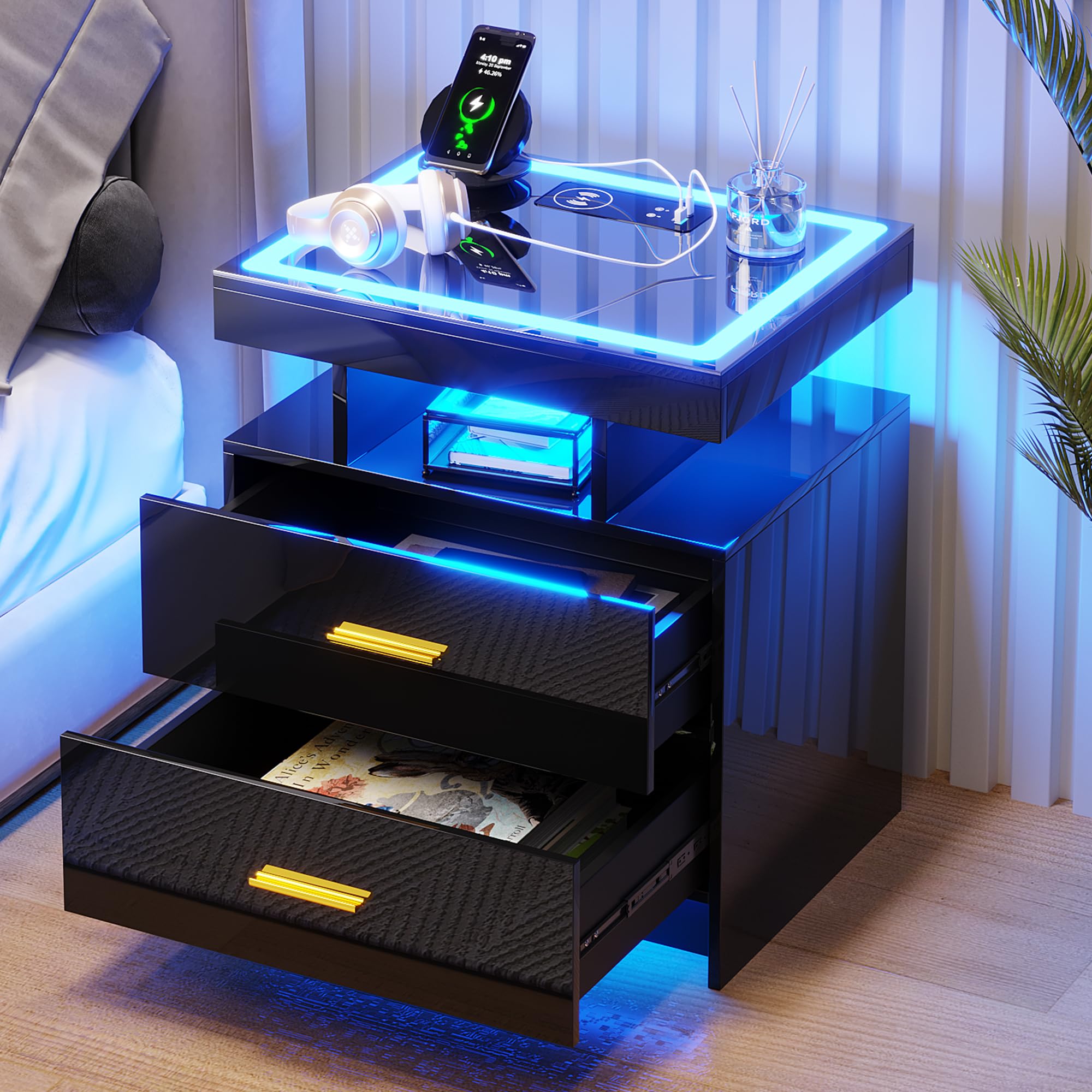 Gurexl LED Bedside Table with Glass Top and Wireless charging,Black