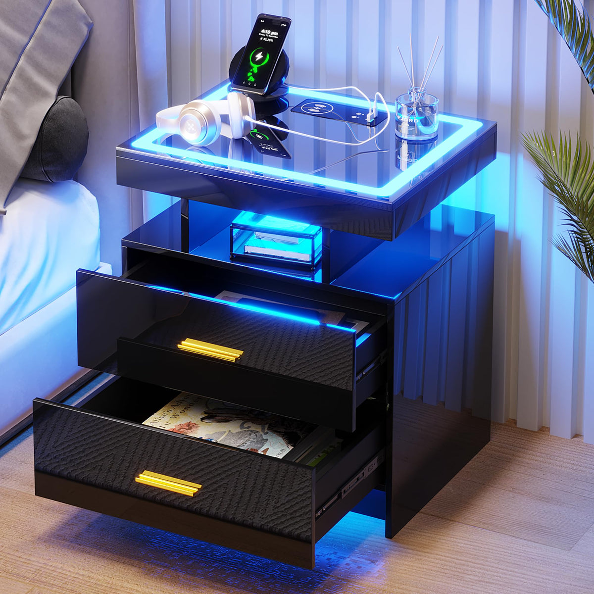 Gurexl LED Bedside Table with Glass Top and Wireless charging,Black