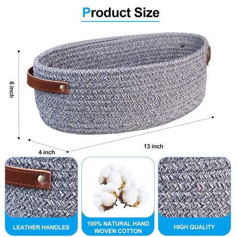 AmapleL Toilet Tank Topper, Small Cotton Rope Woven Storage Basket, Toilet Paper Holder with Handles, 13"x5.9"x4" Blue