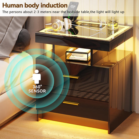Gurexl LED Bedside Table with Glass Top and Wireless charging,Black