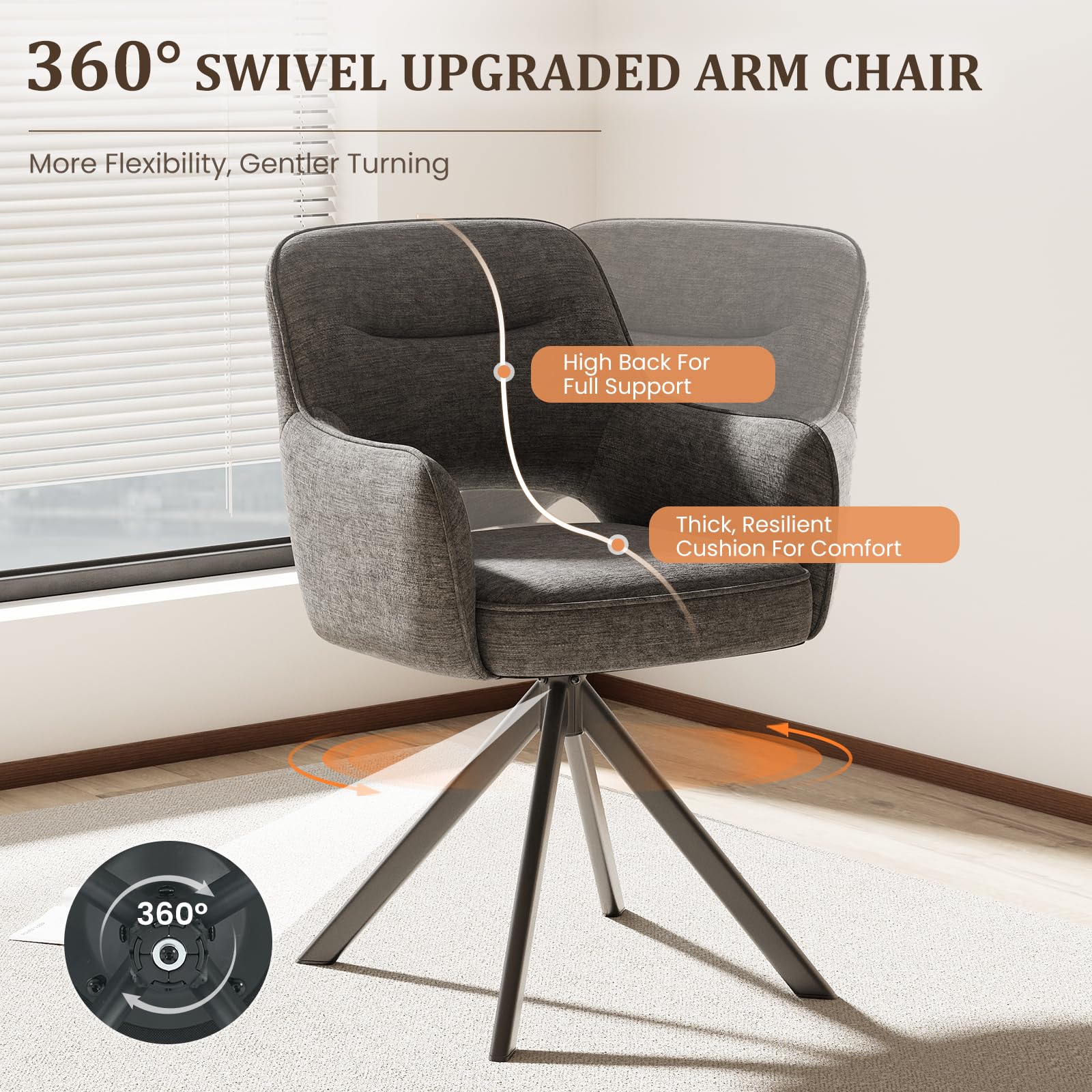 COLAMY 360°Swivel Dining Chairs Set of 6, Fabric Chairs for Dining Room with Armrests, Hollow Backrest and Thick Seat Cushion