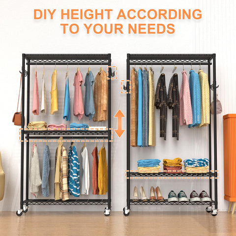 VyGrow Clothes Rail, Clothes Rack for Hanging Clothes, 3 Tiers Adjustable Garment Rack with Wheels, Double Rods, Side Hooks, Heavy Duty, Black