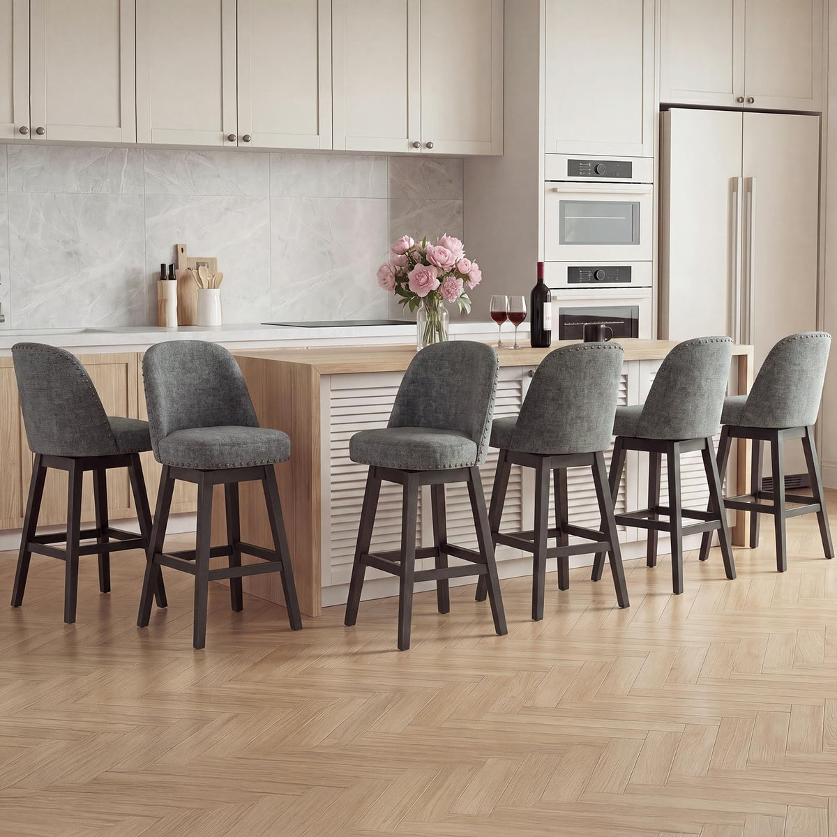 Bar Stools Set of 6, 360° Swivel Counter Stools with Upholstered Seat, Wooden Frame & Nailhead Trim