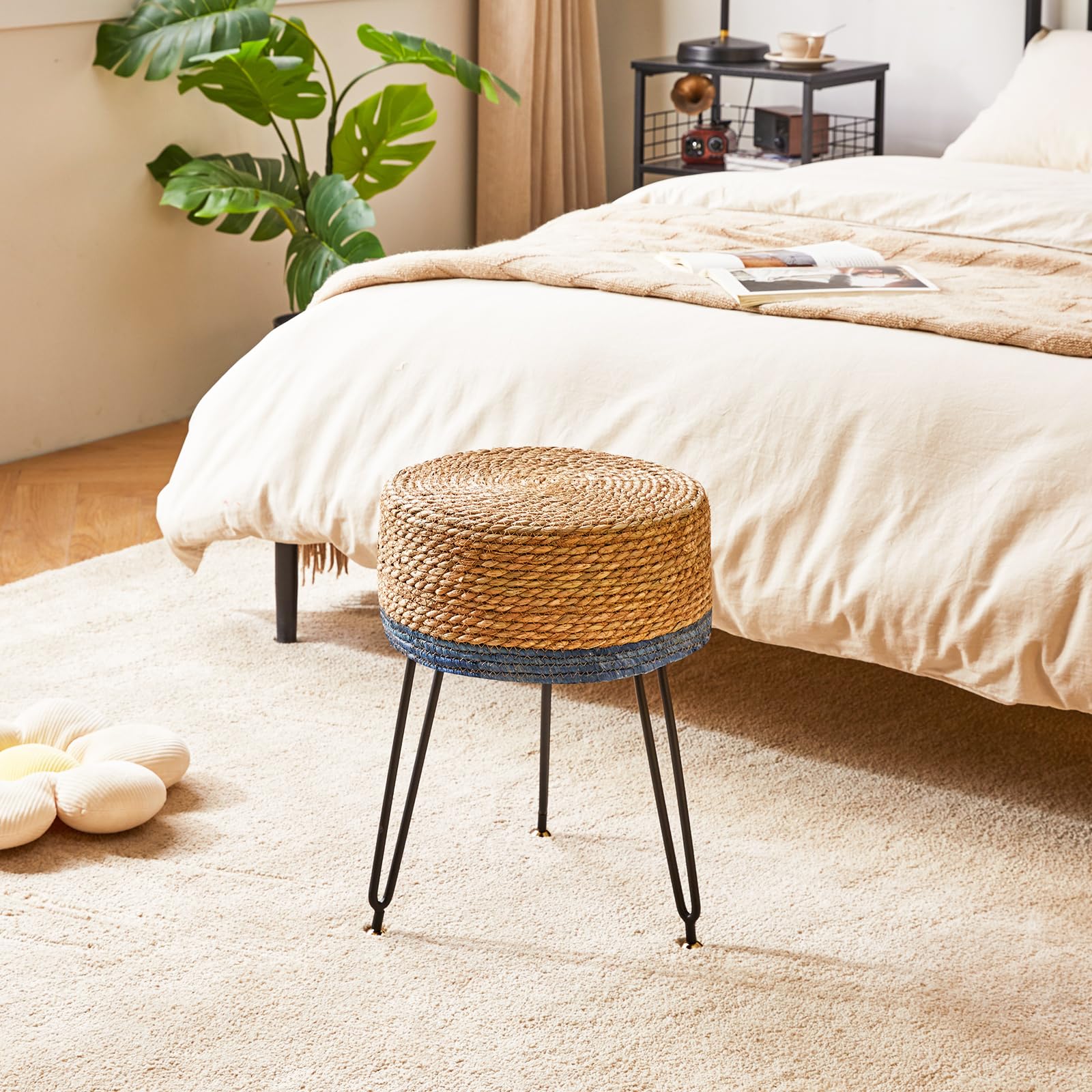 YMYNY Footstool Natural Seagrass Hand Weave, Vanity Makeup Stool, Pastoral Style Footrest, Padded Foot Rest with Metal Legs, Foot Rest Sofa Stool