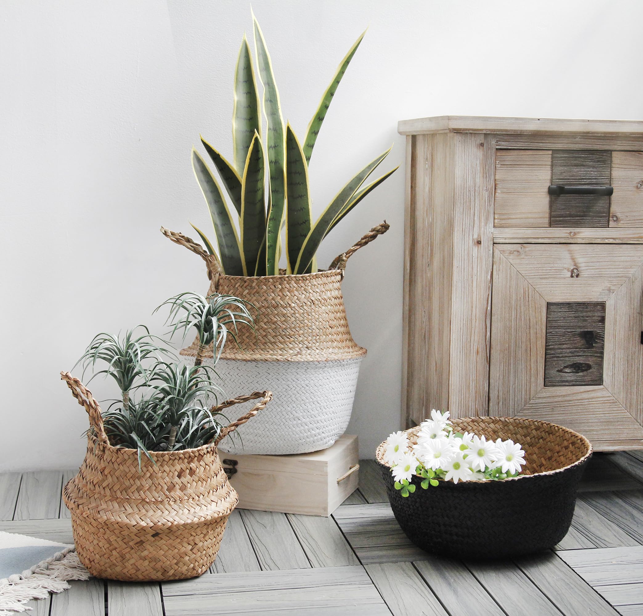 FEILANDUO Seagrass Belly Basket Woven Plant Pot with Handle, Natural Foldable Laundry Toy Storage Baskets for Shelves