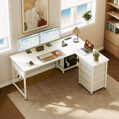 ODK Corner Desk with Drawers, 135 × 100 cm, L-Shaped Desk, White