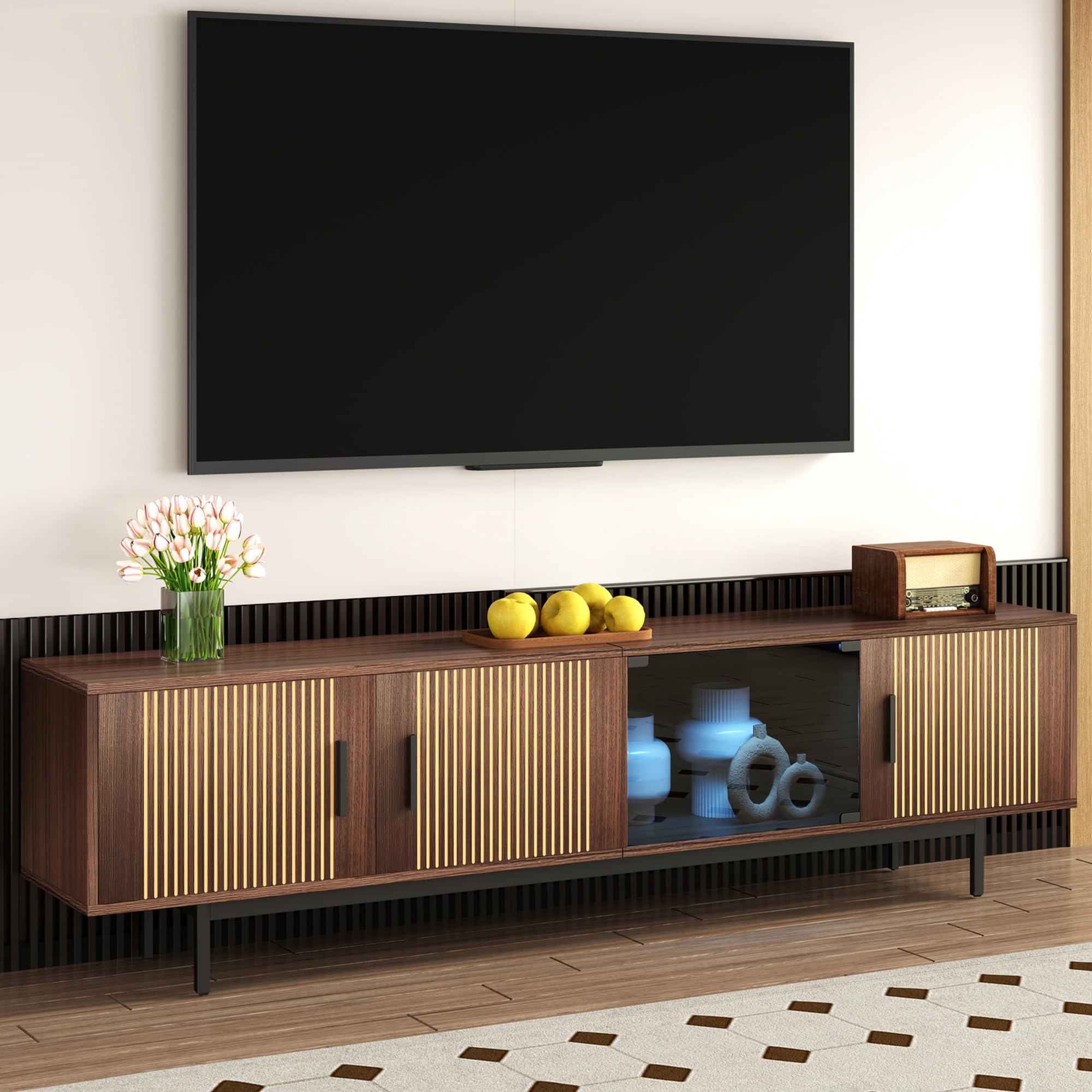 Ball & Cast TV Cabinet, Lowboard with Carved Texture, TV Furniture with LED Light Strip and Tempered Glass Door