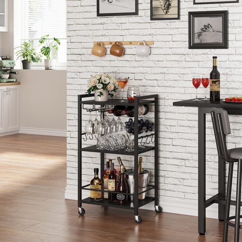 TUTOTAK Drinks Trolley, Bar Cart with 3-Tier Shelf, Serving Trolley with Wine Rack, Glass Holder, Rolling bar cart for the Home, Living Room