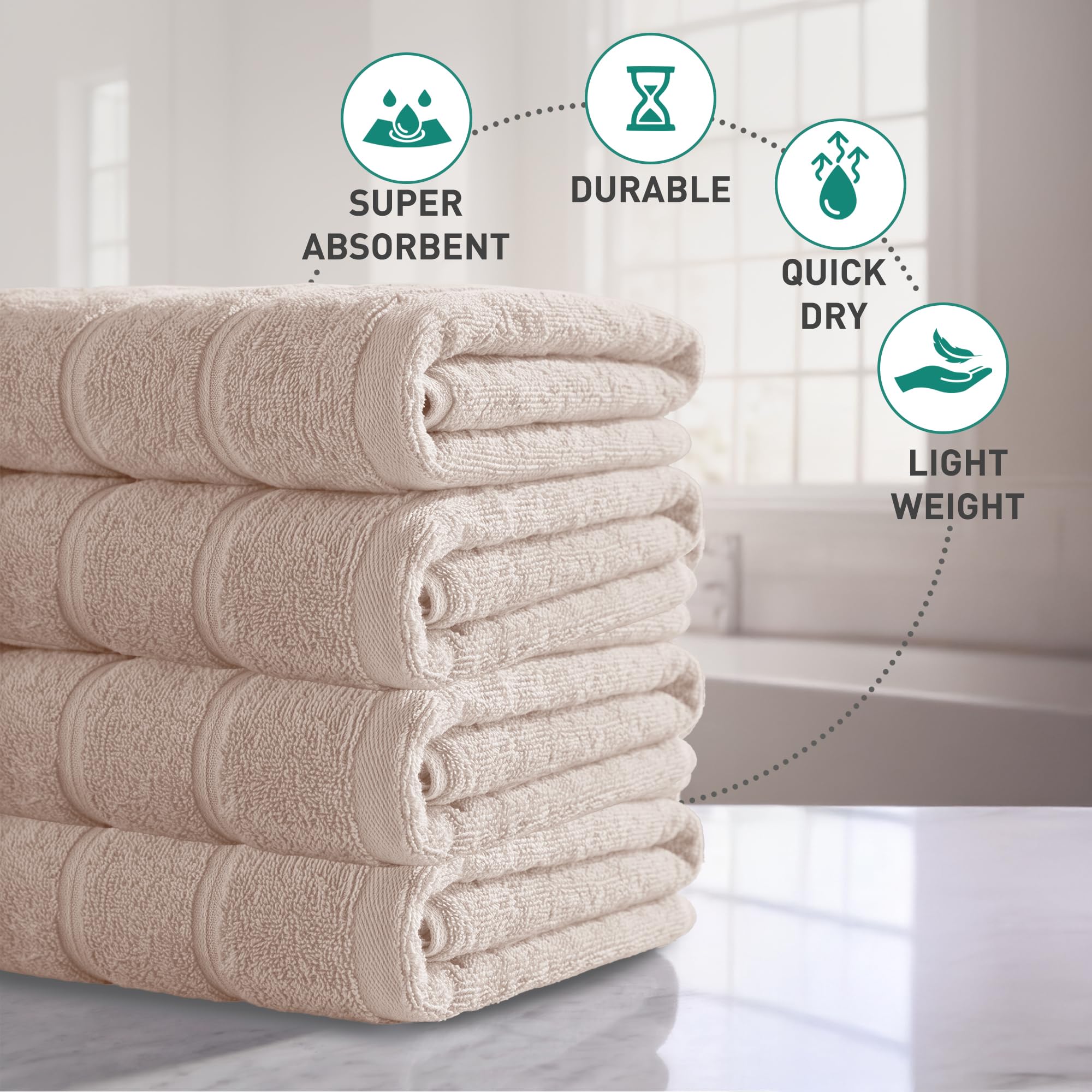 Beige Towels Set of 4 I Zero Twist I Quick Dry I 100% Cotton I Beige