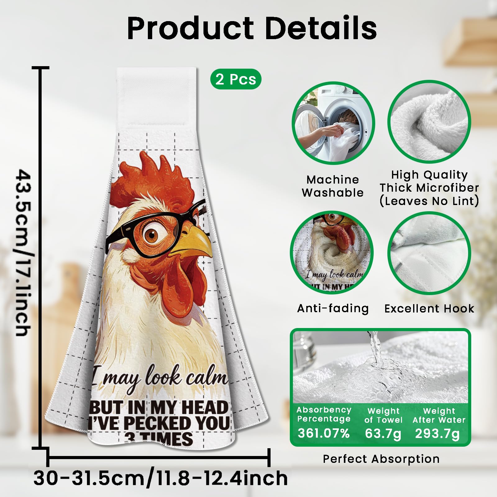CUTHOLLOW 2 Pcs Funny Rooster Hanging Kitchen Towels with Loop