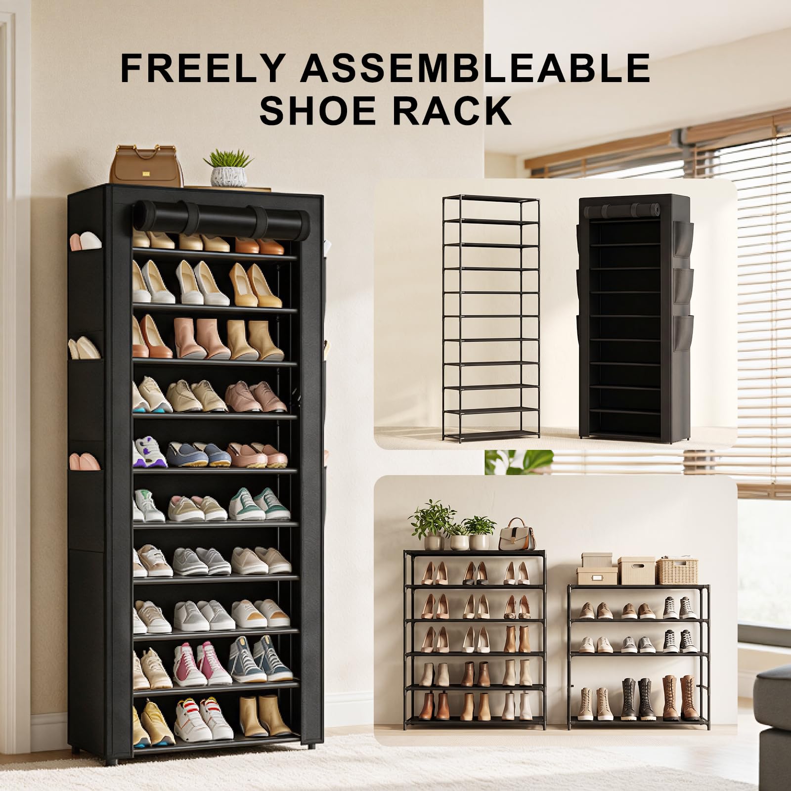 OYREL Shoe Rack with Cover, 10+1 Tier Tall 36-41 Pairs with 6 Side Pockets