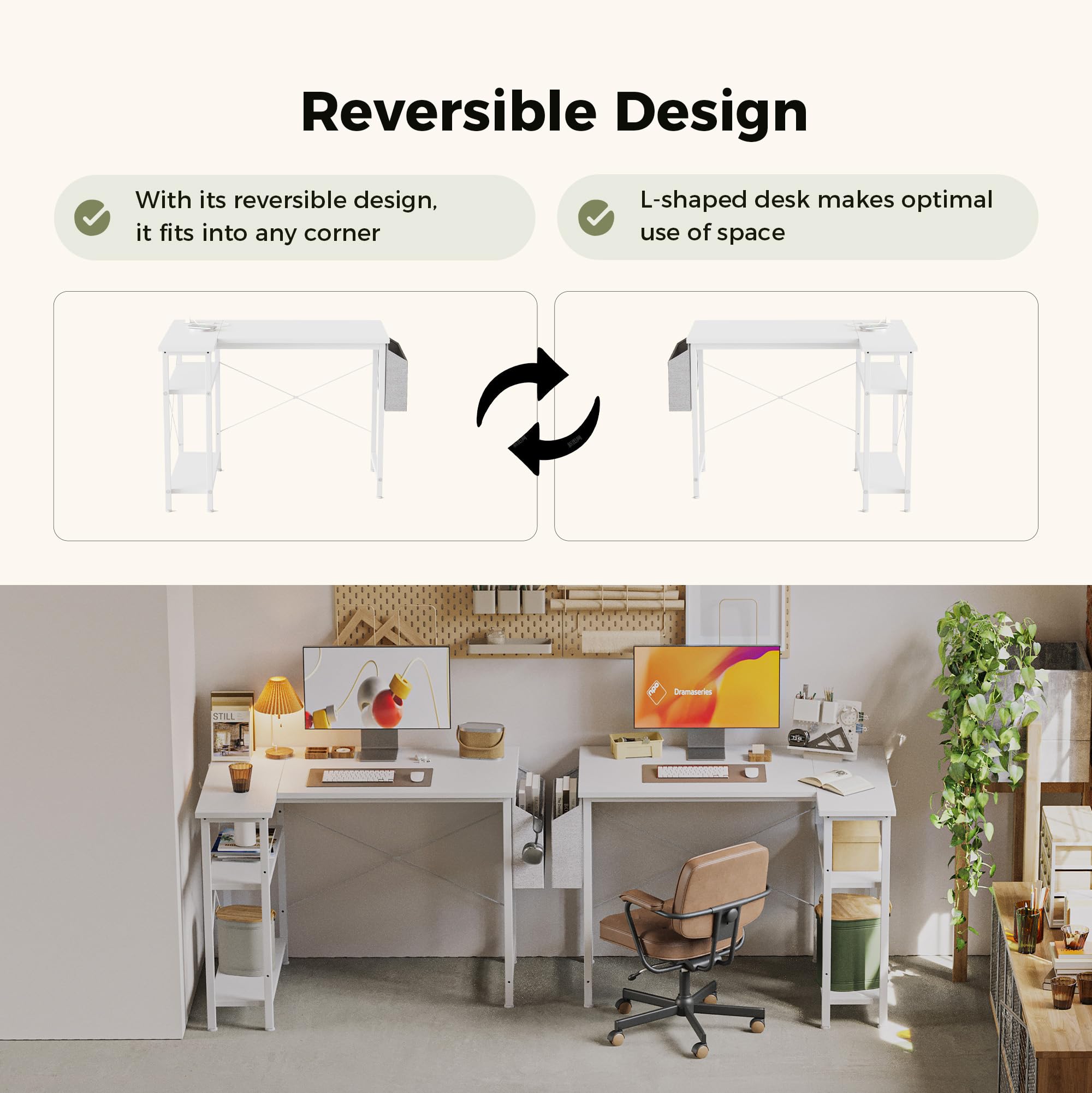 Mericonia Reversible Corner Desk, w. Power Outlets, 140x70cm, White