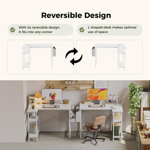 Mericonia Reversible Corner Desk, w. Power Outlets, 140x70cm, White