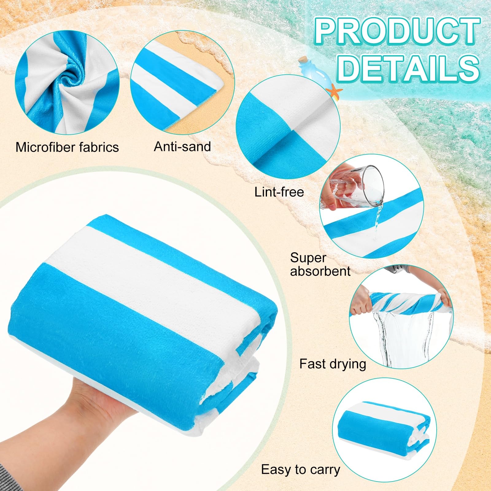 M METERXITY 4-Pack Large Stripe Beach Towels 30x60in Light Blue