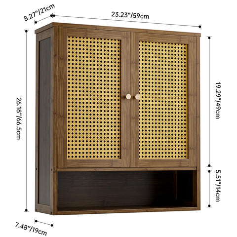 vovala Bathroom Wall Cabinet, Bamboo Over-The-Toilet Storage Organizer with 2 Rattan Doors and Adjustable Shelf