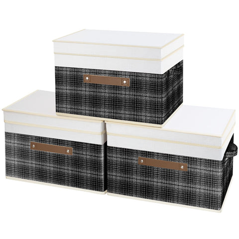 TYEERS Collapsible Storage Box with Lid, Patchwork Design, Decorative, Fabric Storage Box for Clothes, Wardrobe Storage, 38x25x25 cm, Set of 3, Black