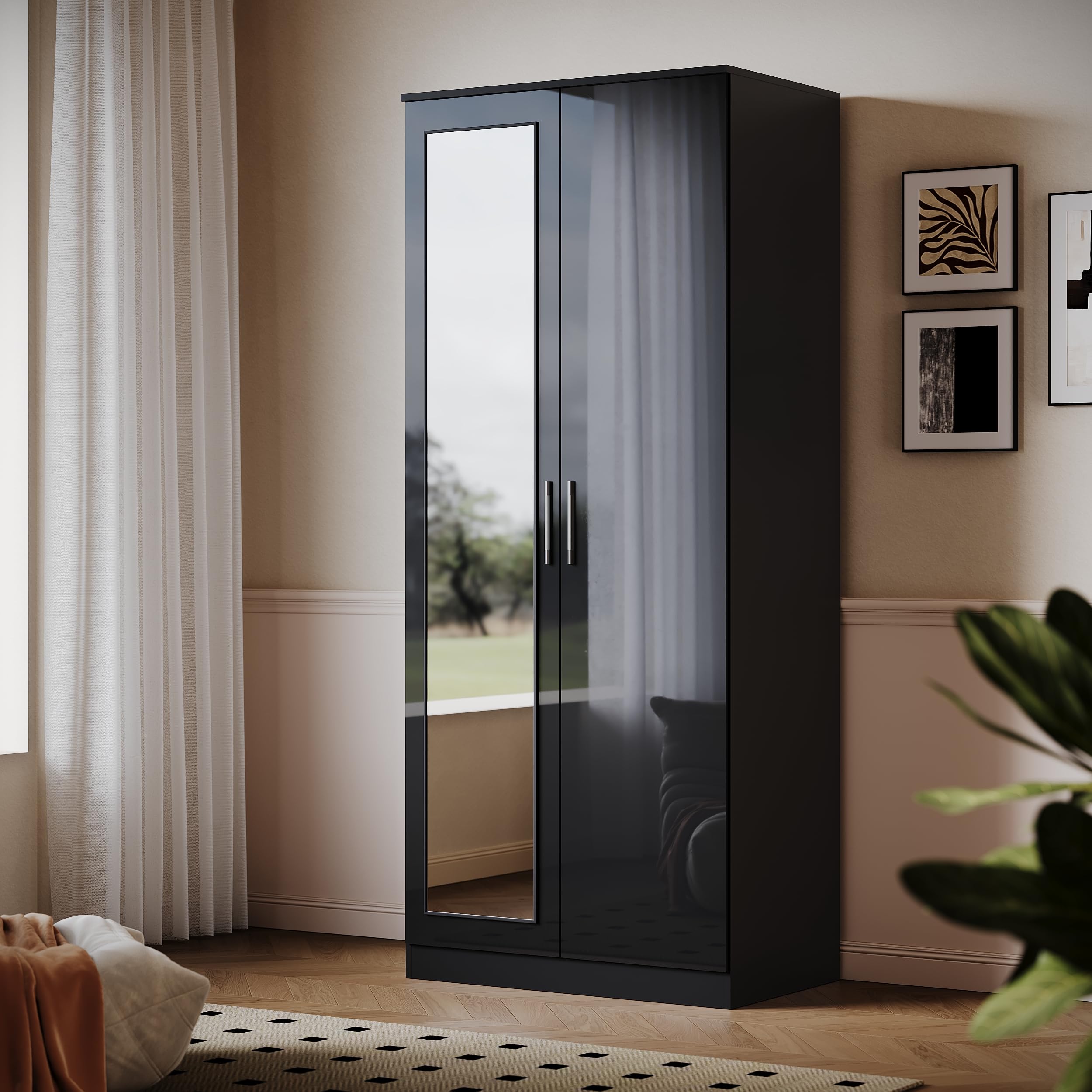 ELEGANT High Gloss Wardrobe with Mirror, Soft Close Hinge Mirrored Wardrobe