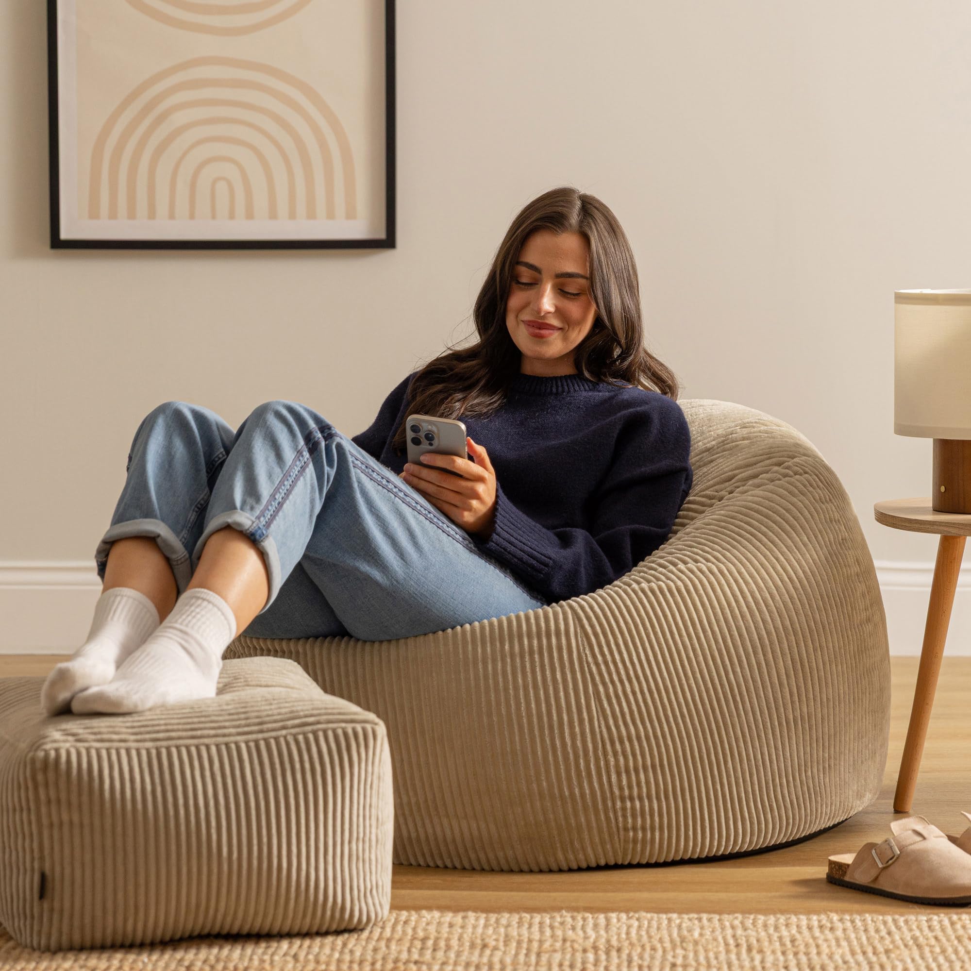 icon Kingston Cord Bean Bag & Footstool with Filling Included, Beige