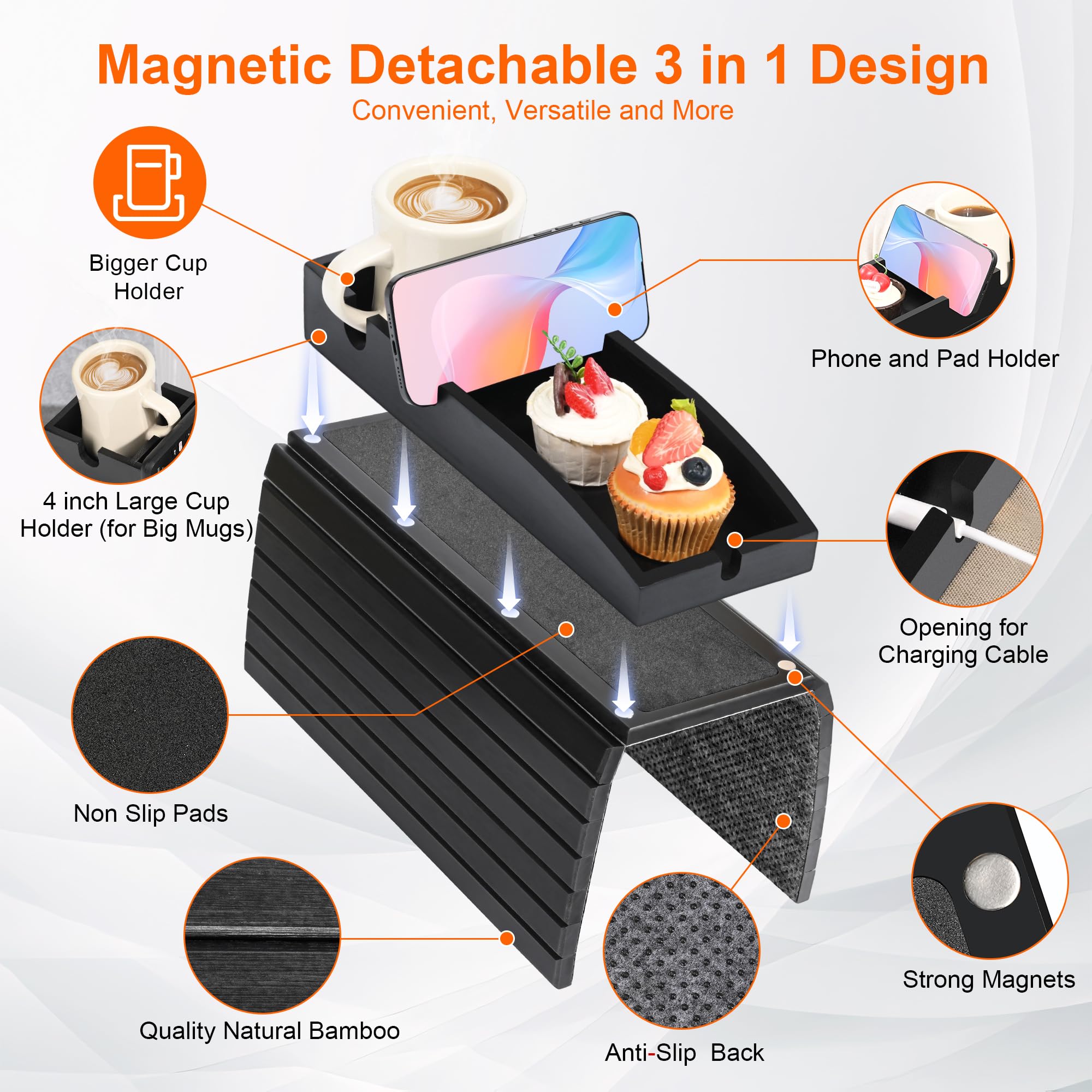 Joy&Grace Couch Cup Holder, 3-in-1 Magnetic Detachable Couch Arm Tray, Bamboo Sofa Armrest Table with Anti-Slip Pad, Sofa Armrest Tray Table (Black)