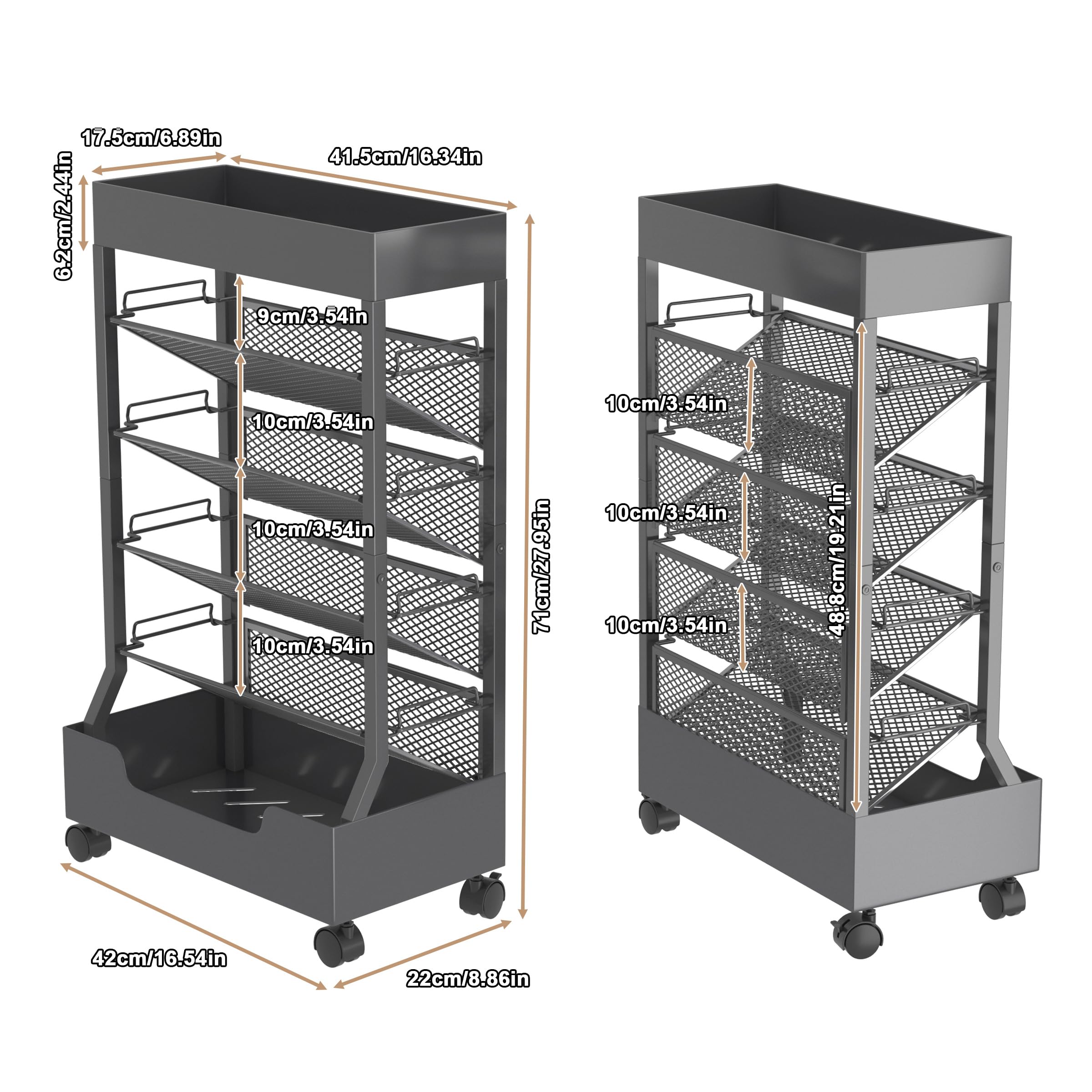 Ornestia Metal Book Trolley, Mobile Storage Bookcase with Wheels(Grey)