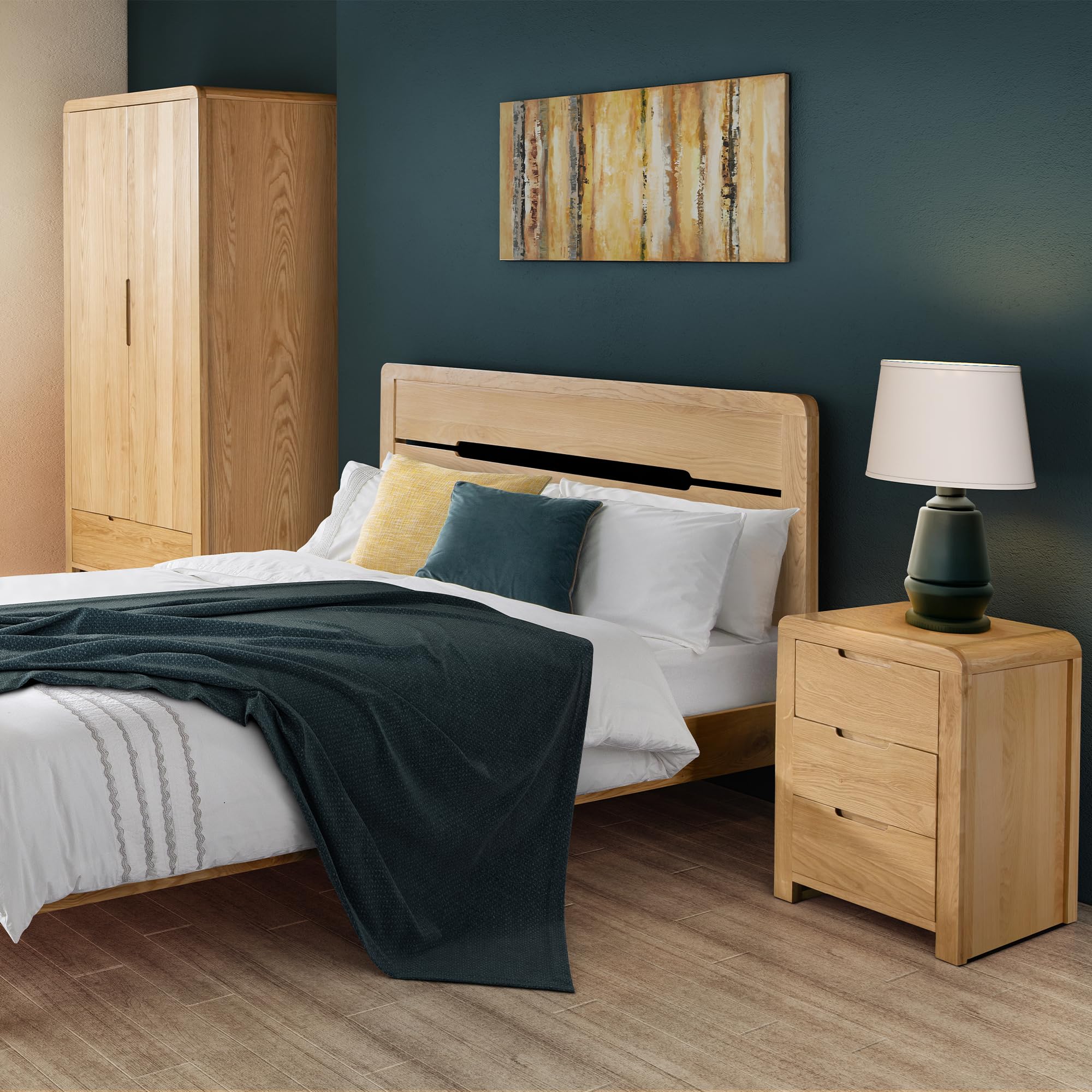 Julian Bowen Curve Bedside Table, 3 Drawer, Solid Oak - H61 x W45 x D38cm