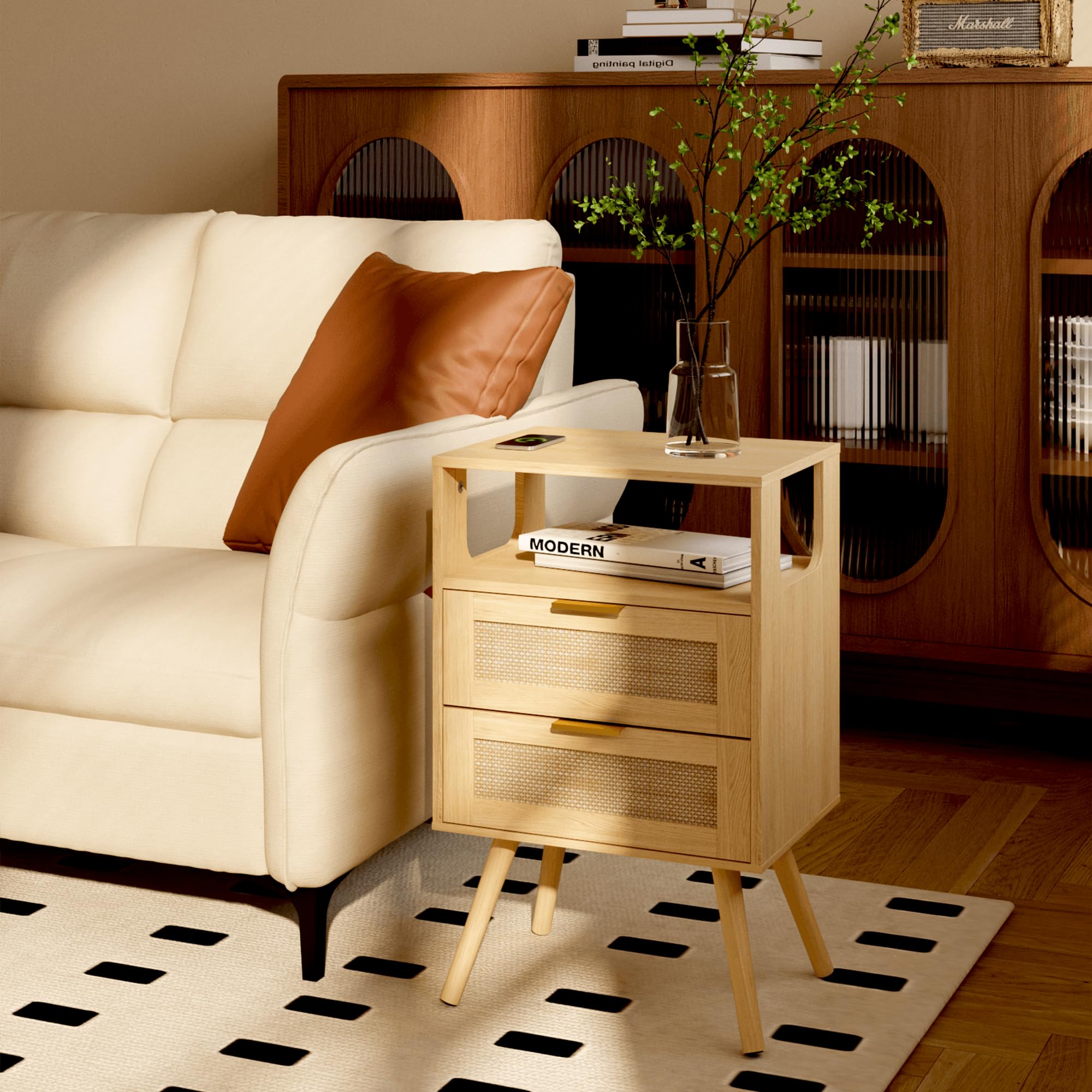 JERX Rattan Bedside Table, Farmhouse Nightstand with 2 Storage Drawer and Open Wood Shelf, for Bedroom and Small Spaces