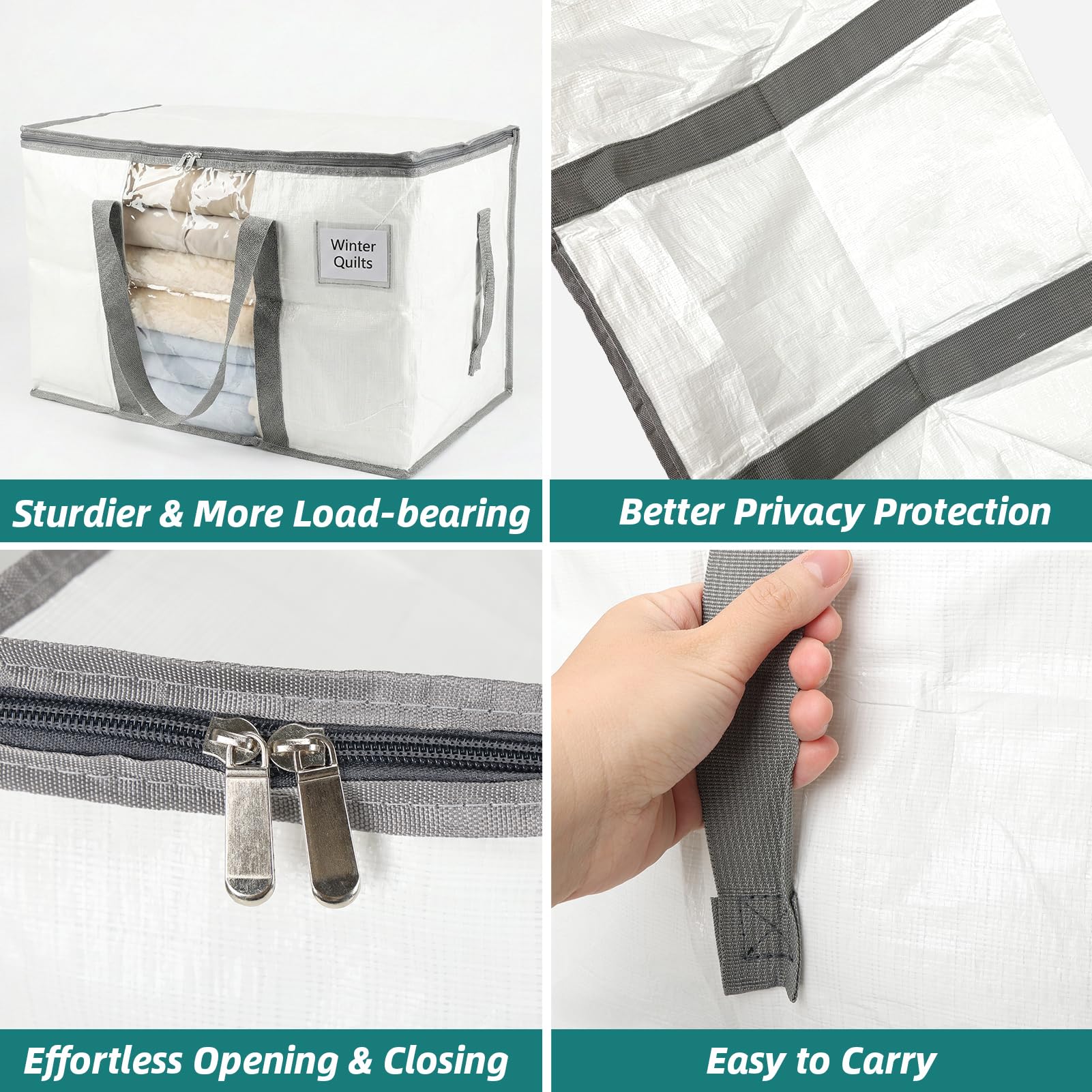 RLAVBL 90L Storage Bags with Zips 4 Pack, Heavy Duty Large Moving Bags with Handles and Label Pocket, Clear Window Packing Laundry Bags for Clothes