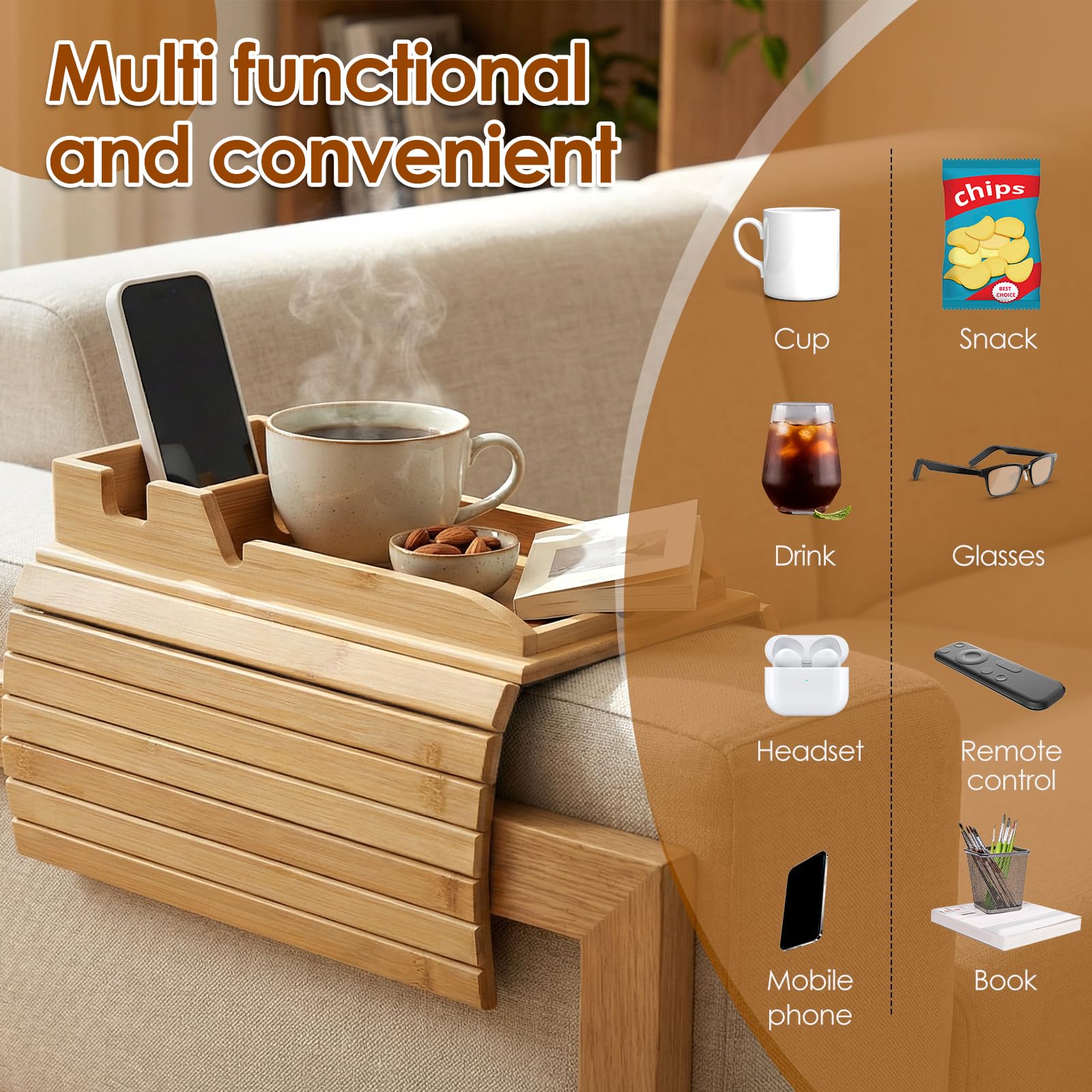 Natural Bamboo Sofa Arm Tray with Couch Cup Holder, Anti Falling Couch Arm Tray Table, Foldable Sofa Armchair Caddy, Sofas Side Table for Snacks