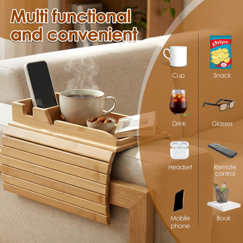 Natural Bamboo Sofa Arm Tray with Couch Cup Holder, Anti Falling Couch Arm Tray Table, Foldable Sofa Armchair Caddy, Sofas Side Table for Snacks