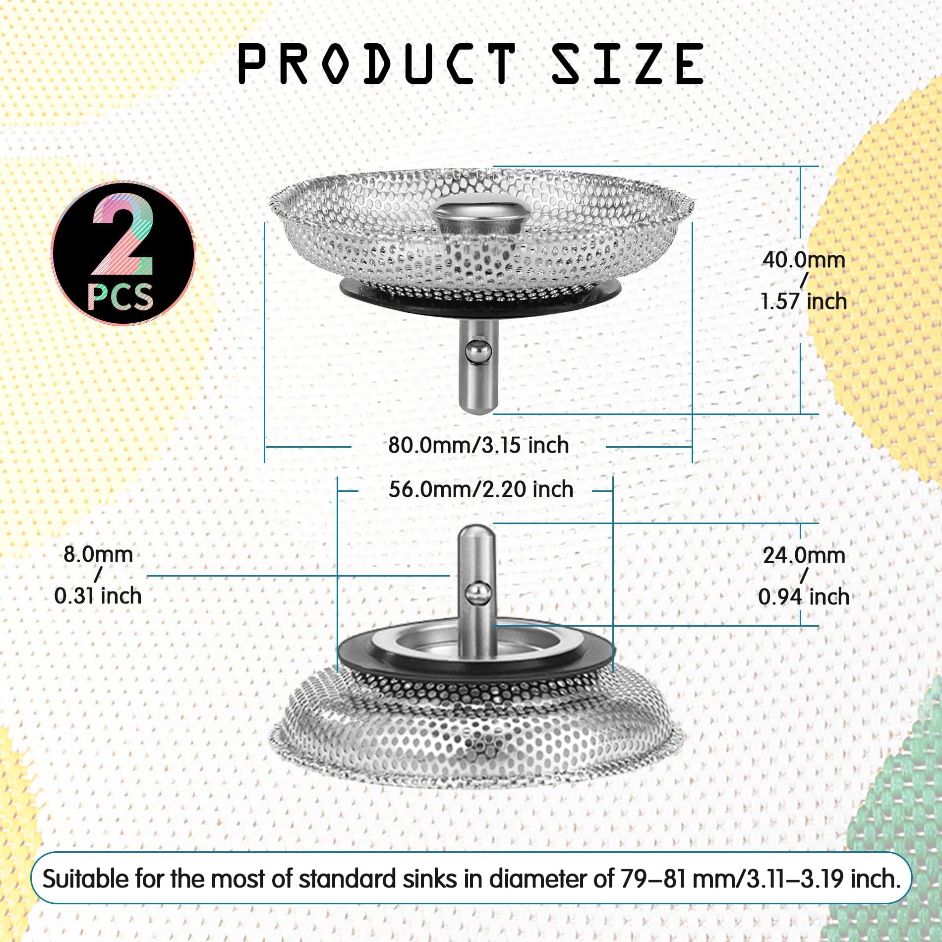 2 Pack Kitchen Sink Plug and Strainer, 304 Stainless Sink Strainer Plug, Sink Strainer, Stainless steel drain plug