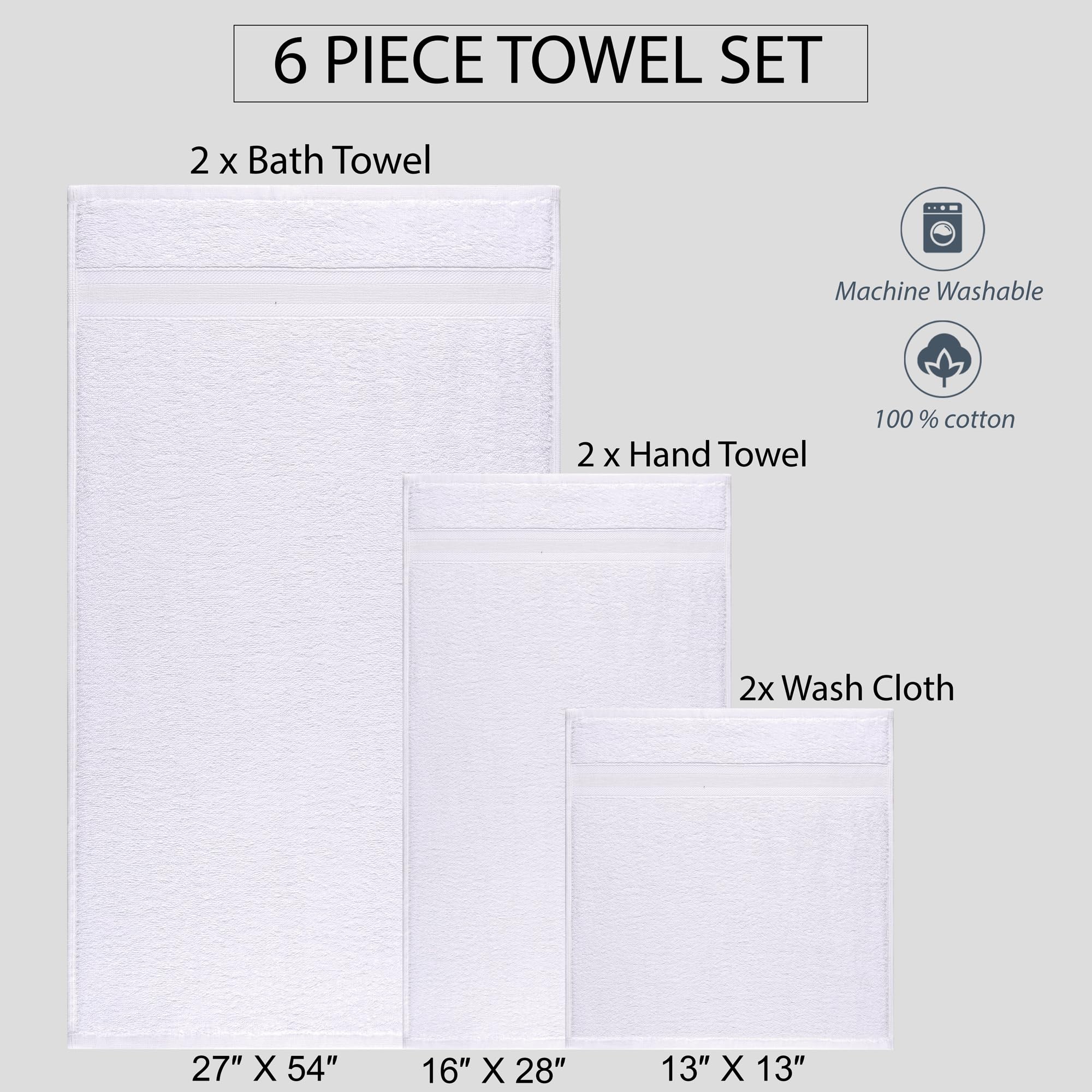 6 Pieces White Towel Set Quick-Dry High Absorbent 100% Turkish Cotton Towels for Bathroom, Pool, Gym, Camp, Travel, College Dorm 2 Bath Towels