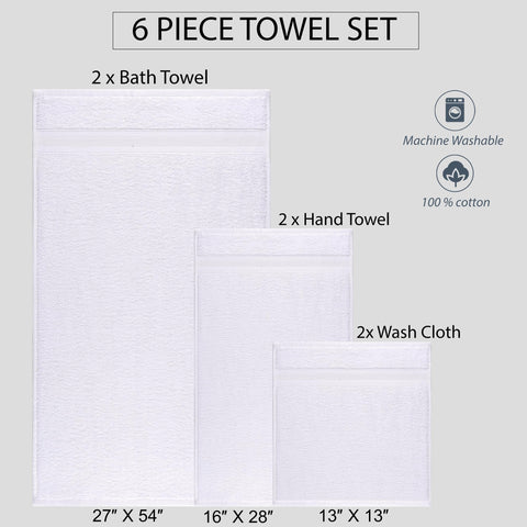 6 Pieces White Towel Set Quick-Dry High Absorbent 100% Turkish Cotton Towels for Bathroom, Pool, Gym, Camp, Travel, College Dorm 2 Bath Towels