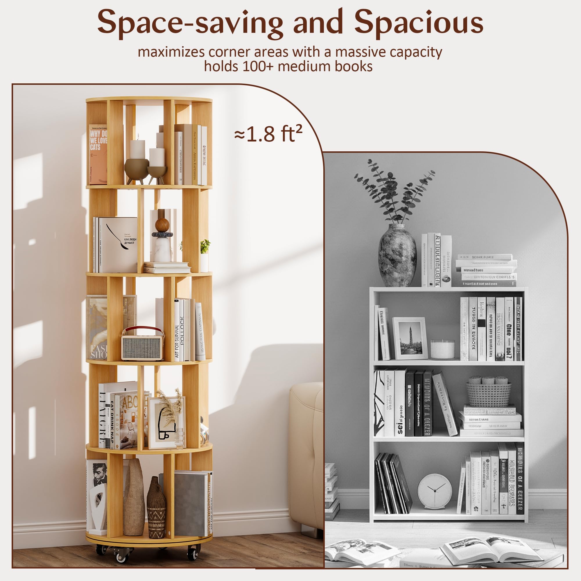 Turosur 5-Tier Rotating Bookshelf, 360° Rotating Bookcase Floor Standing