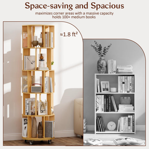 Turosur 5-Tier Rotating Bookshelf, 360° Rotating Bookcase Floor Standing