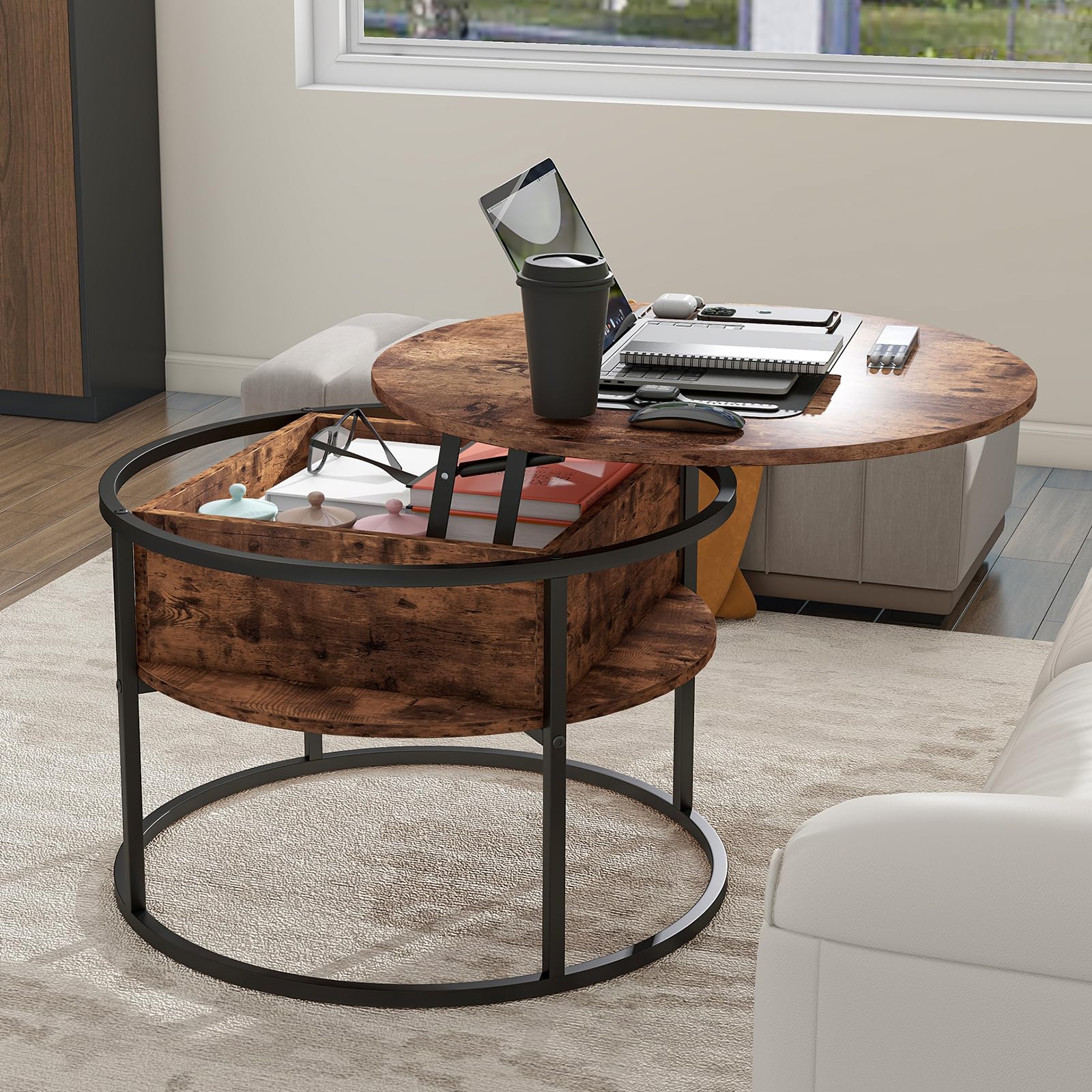 HOJINLINERO Round Coffee Table,Lift Top Coffee Tables for Living Room,Wooden Coffee Table with Hidden Storage & Lift Up Top,Modern Sofa Tea End