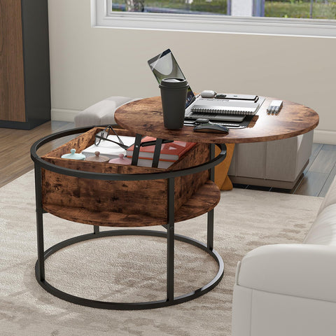 HOJINLINERO Round Coffee Table,Lift Top Coffee Tables for Living Room,Wooden Coffee Table with Hidden Storage & Lift Up Top,Modern Sofa Tea End