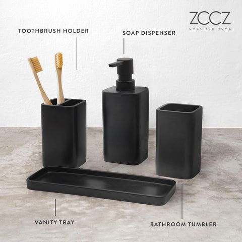 zccz Bathroom Accessory Set - 4 Piece Organiser with Toothbrush Holder, Soap Dispenser, Tumbler and Tray - Black Matte Accessories