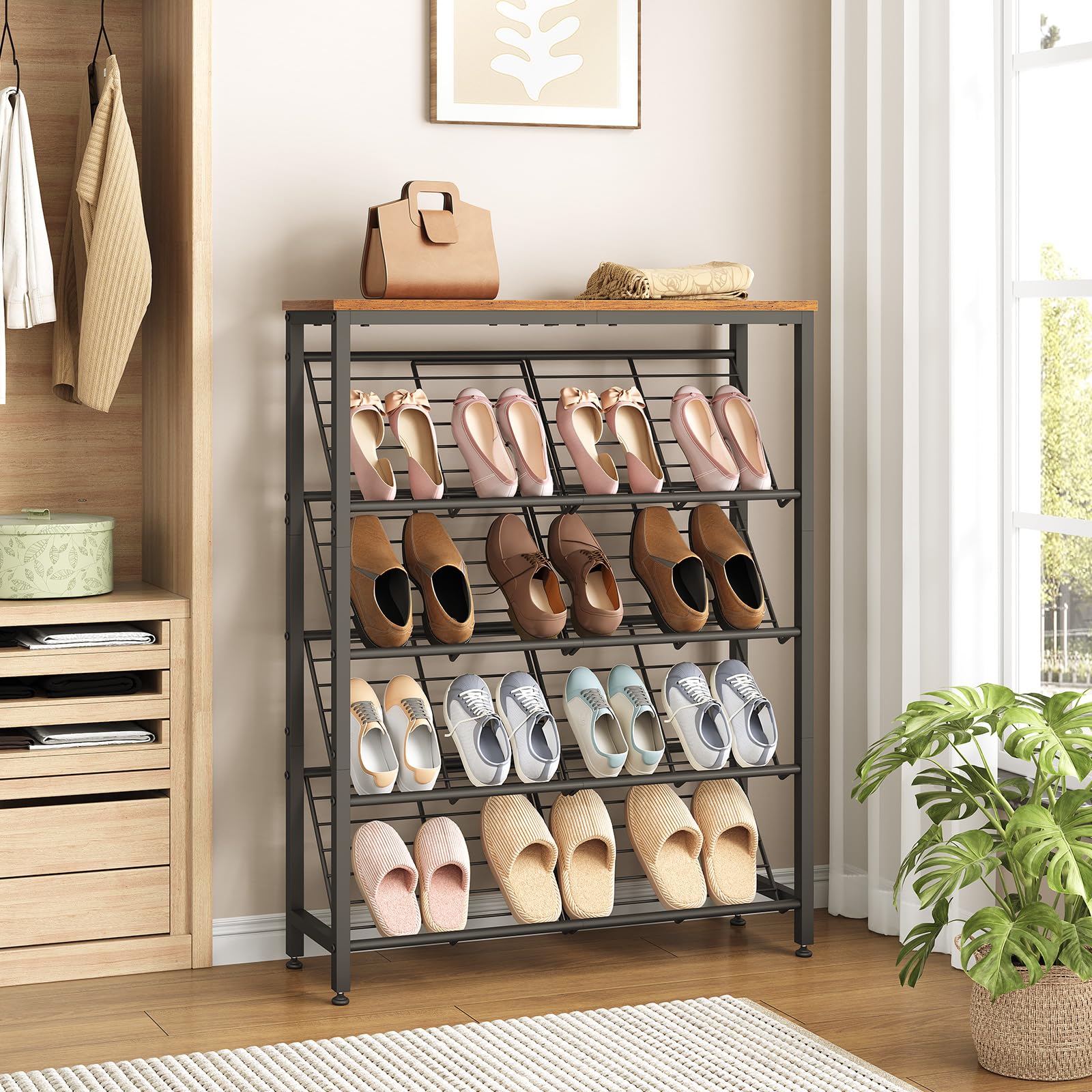 HOOBRO 5-Tier Shoe Rack, Narrow Shoe Rack Holds 12-16 Pairs, Industrial Shoe Organizer with Adjustable Feet & Anti-Tip Kit for Hallway, Bedroom