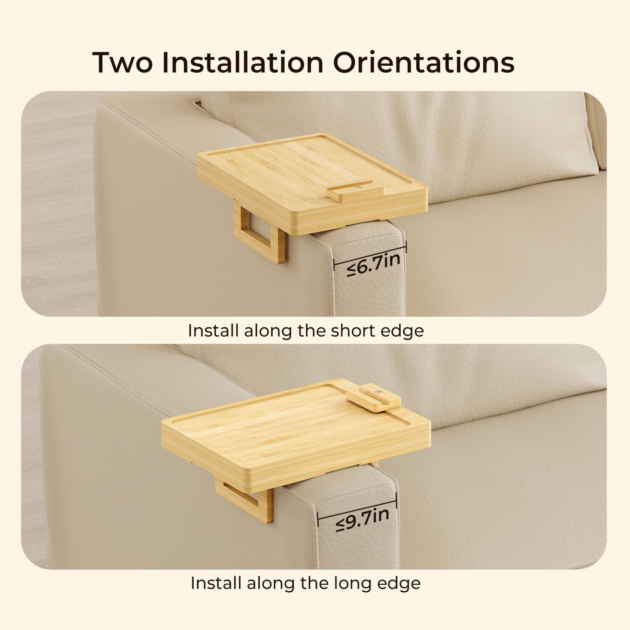 Wealone Bamboo Couch Arm Tray for Wide Couch, Sofa Arm Clip Table with Storage Box, Couch Armrest Tray with 360°Rotating Phone Holder