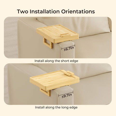Wealone Bamboo Couch Arm Tray for Wide Couch, Sofa Arm Clip Table with Storage Box, Couch Armrest Tray with 360°Rotating Phone Holder