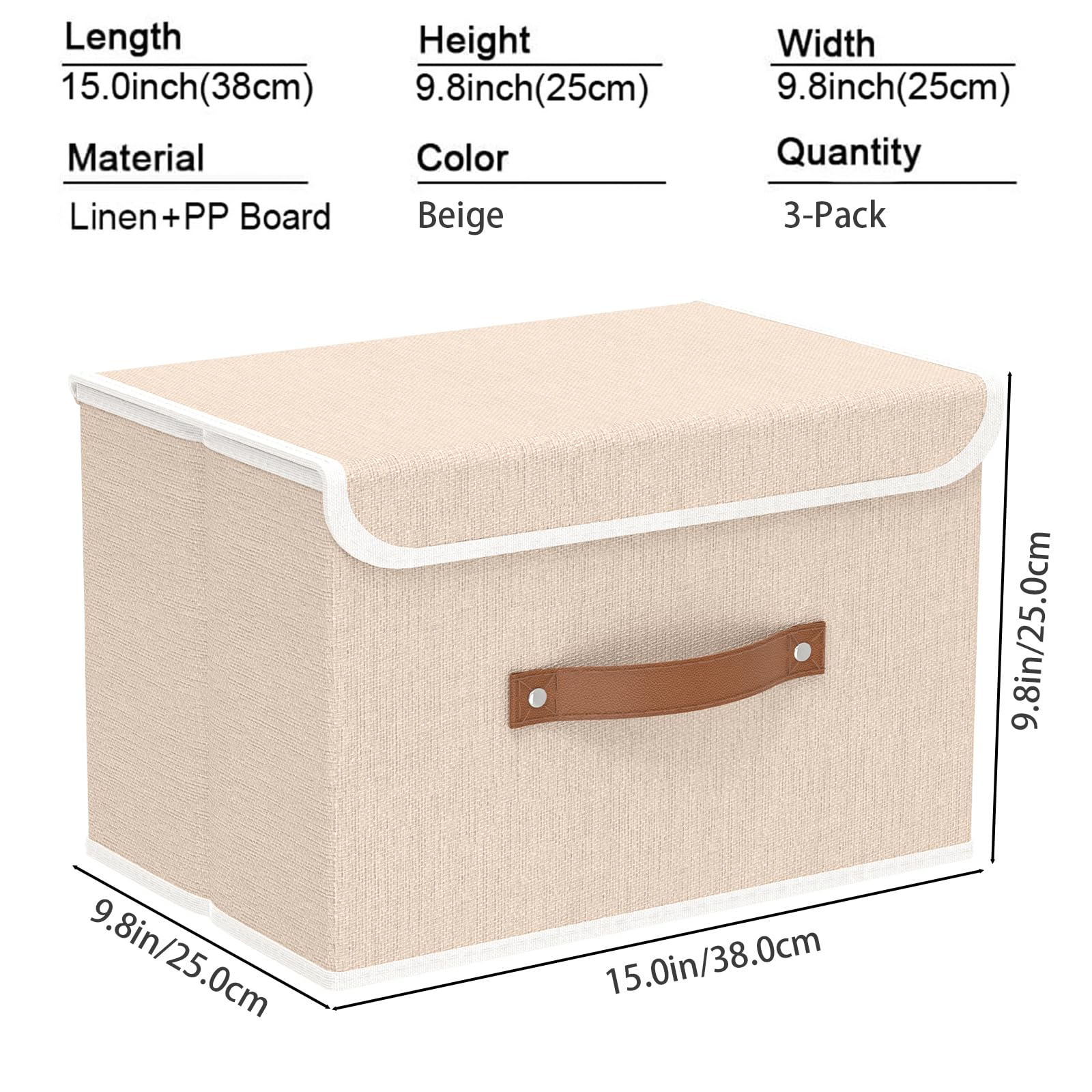 Yawinhe Collapsible Storage Boxes with Lids,38x25x25cm,Beige,3-Pack