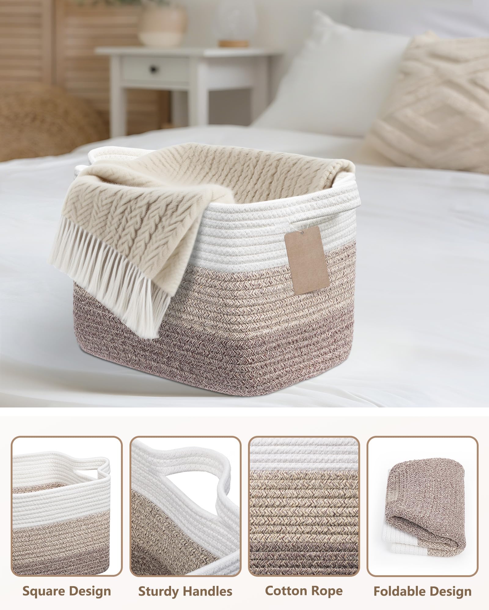 JOJOSEE Small Cotton Woven Storage Basket for Shelves, Brown,3PCS